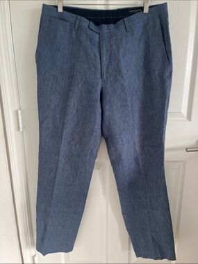 100% Linen Banana Republic Men's Heather Blue Chinos Coastal Beach Old Money